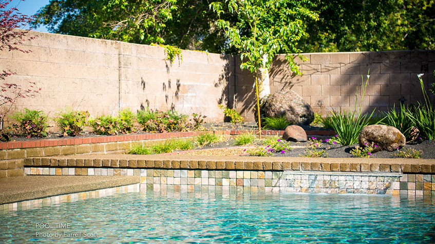 A small backyard pool with a raised tile wall and waterfall, framed by boulders and plants.
