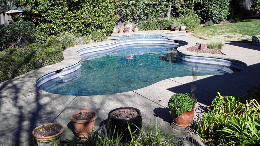 A uniquely shaped backyard pool with multiple tiers, curved steps, and potted plants nearby.