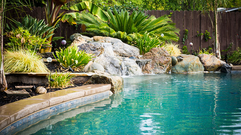 Swimming pool with natural rock waterfall surrounded by tropical landscaping including palm plants and ornamental grasses, blue water with decorative tile trim, tan coping, wooden fence background.